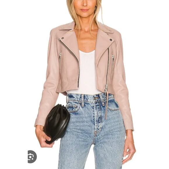 Allsaints Prescott Pink Smooth Lamb Leather Biker Jacket 4 Zip Cropped Moto 0 - Picture 1 of 8